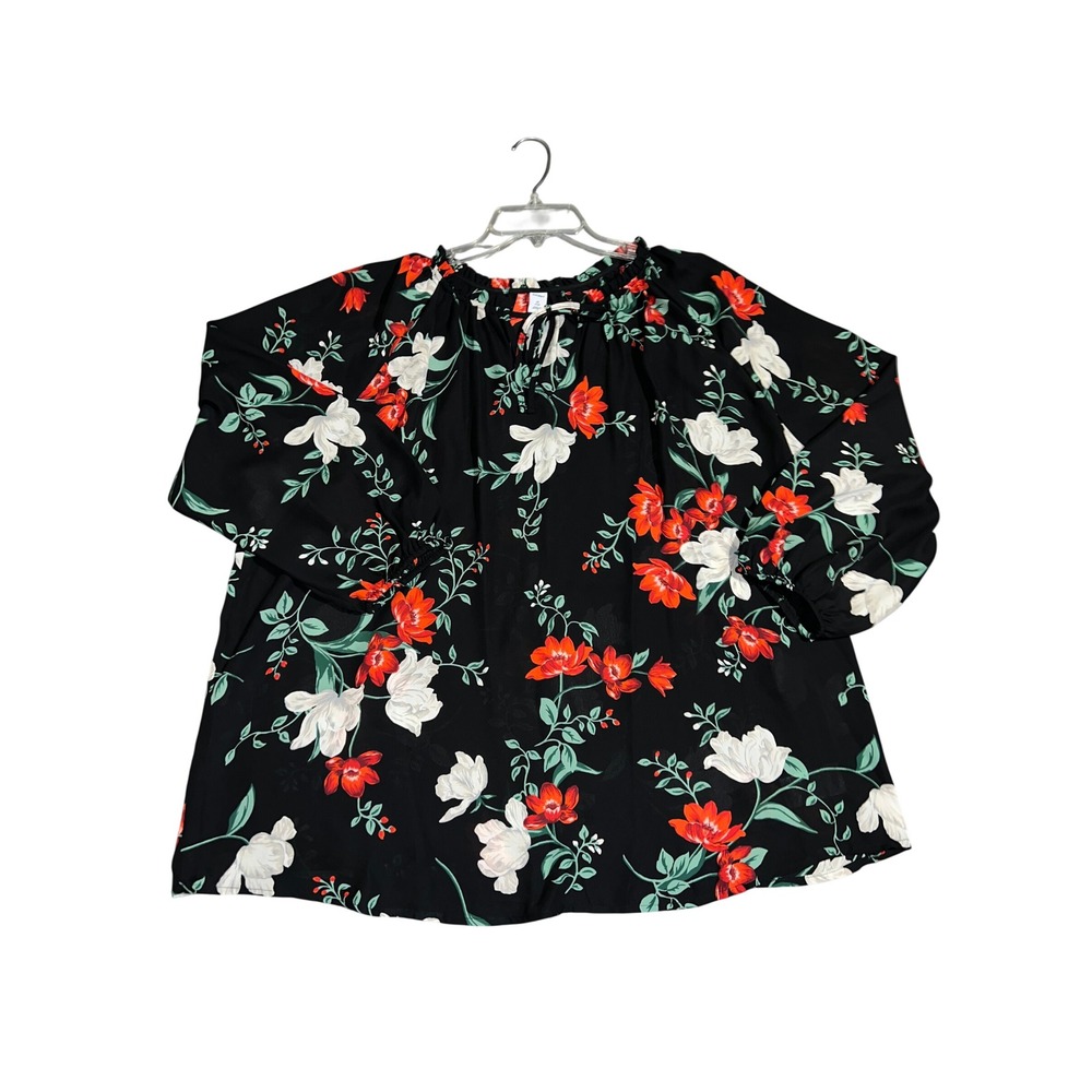 Old Navy Womens 2X Plus Black Floral Tie Neck Long Sleeve Peasant Blouse Top - Picture 7 of 9